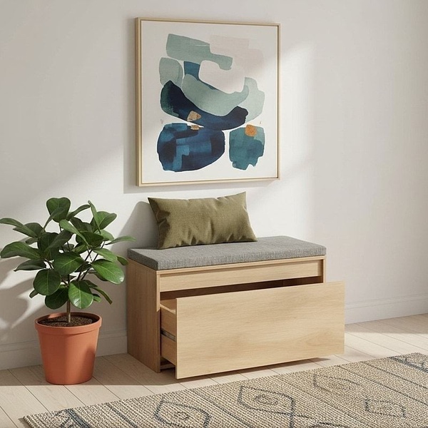storage bench, entryway bench, shoe bench, hallway bench, bedroom bench, bestseller push, minimalist, lifestyle, calm, trustworthy, neutral, green